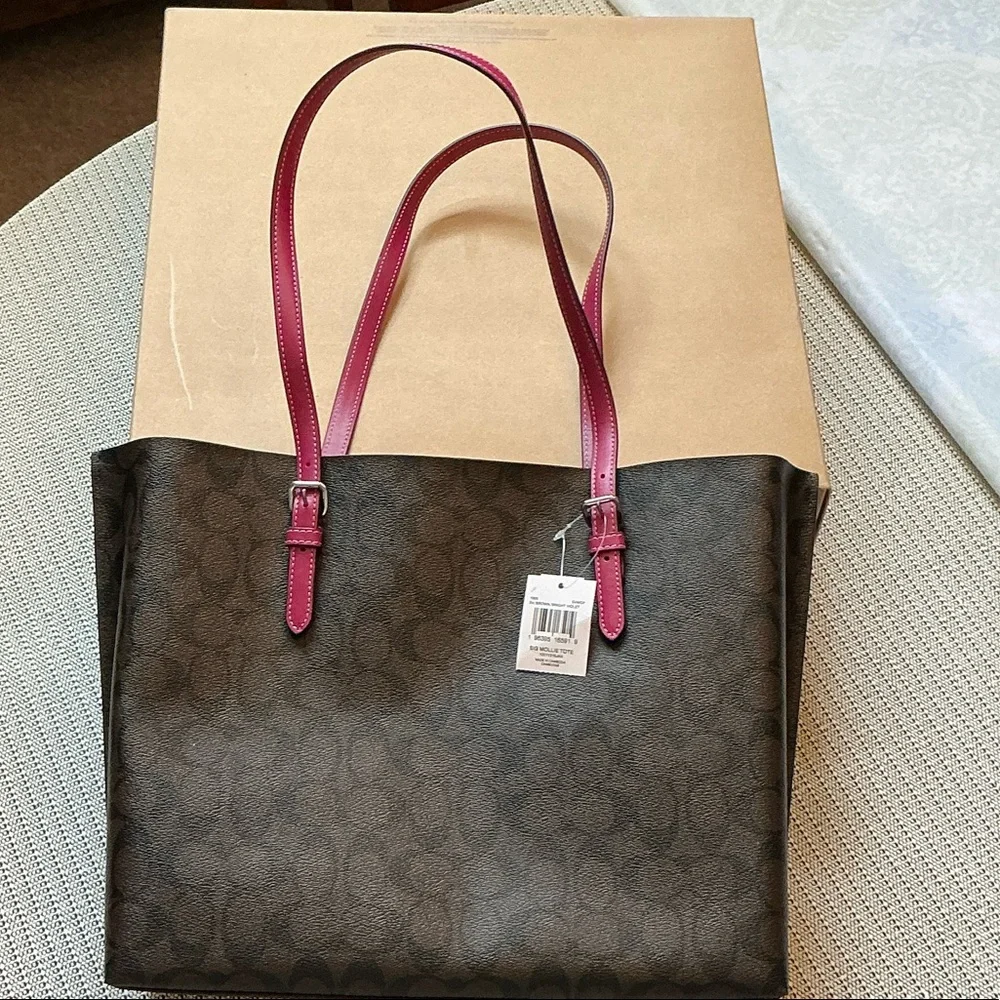 Coach Brown Signature Tote with Pink Trim and Tag - Picture 2 of 6